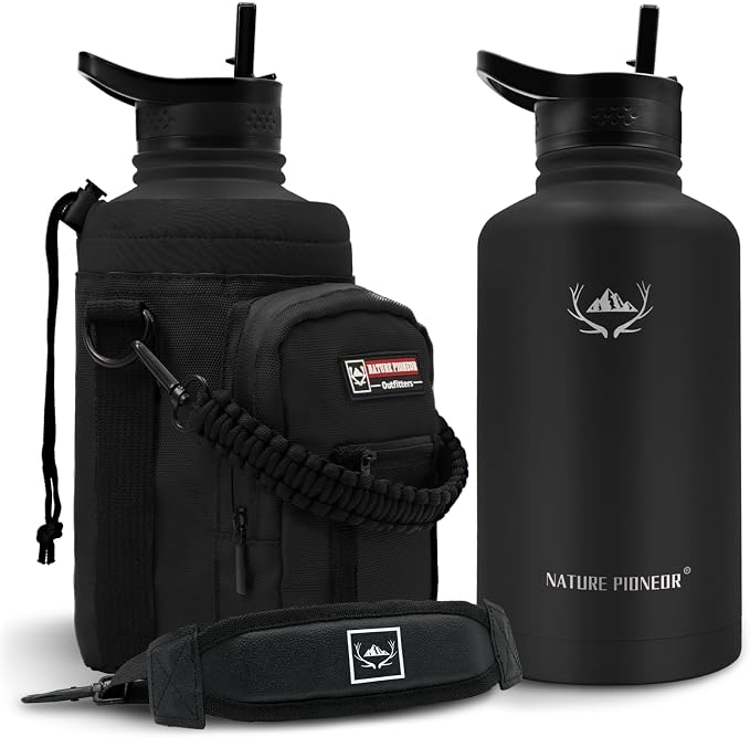 NATURE PIONEOR 64 oz Insulated Water Bottle with Carrier Bag & 3 Lids | 18/8 Food-grade Stainless Steel, Double Vacuum Insulation, 3 Leak-proof Lids, Strap, Camping, Hiking, Gym, Work by NATUREPIONEOR