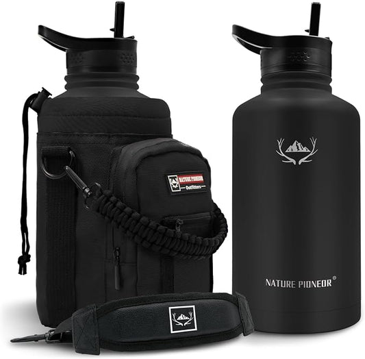 NATURE PIONEOR 64 oz Insulated Water Bottle with Carrier Bag & 3 Lids | 18/8 Food-grade Stainless Steel, Double Vacuum Insulation, 3 Leak-proof Lids, Strap, Camping, Hiking, Gym, Work by NATUREPIONEOR