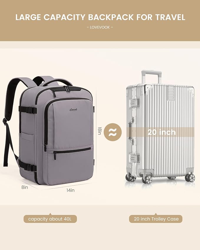 LOVEVOOK Travel Backpack for Women & Men, 40L Large Carry On Backpack Airline Approved, TSA Personal Item Weekender Bag, Water Resistant Laptop Backpack with 3 Packing Cubes for Travel Essentials - Image 3
