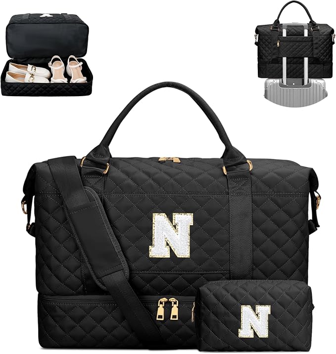 Gifts for Women Teen Girls Initial Travel Duffle Bag Quilted Weekender Bags Carry-On Overnight with Cosmetic Bag Hospital Bag for Women Labor Delivery, Black N by Unknown