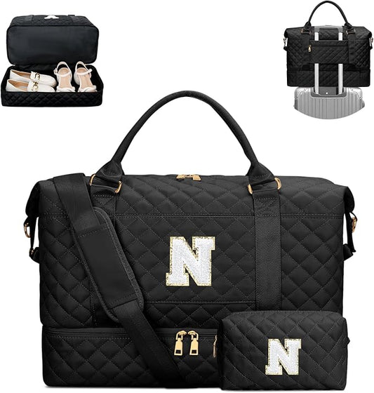 Gifts for Women Teen Girls Initial Travel Duffle Bag Quilted Weekender Bags Carry-On Overnight with Cosmetic Bag Hospital Bag for Women Labor Delivery, Black N by Unknown