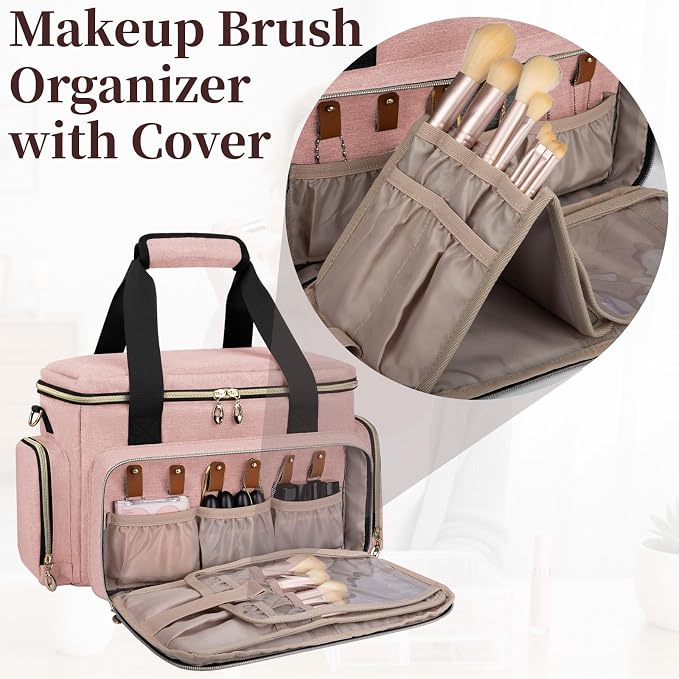 GDNasist Large Makeup Bag, Portable Travel Makeup Bag Organizer for Women Girls with 2 Removable Pouches & Detachable Dividers, Cosmetic Travel Bag, Toiletry Bag for Makeup and Hair Supplies Pink - Image 3