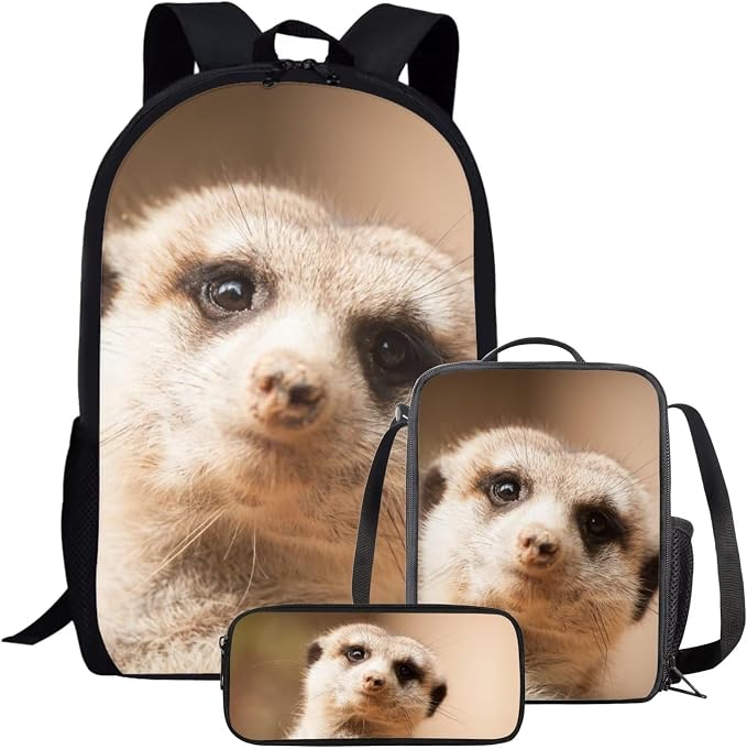 Kids Novelty Animal Backpack and Lunch Box for Boys Girls Student Lightweight 17 Inch School Meerkat Backpack with Lunch Bag Pencil Case Kids Comfy Padded Black Large Bookbag by Parprinty