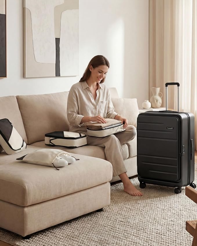 LUGGEX Checked Suitcase with Spinner Wheels and Travel Packing Cubes Bundle,FLO5 Top Opening Expandable Polycarbonate Hard Shell Suitcase (FX-Core, Black, 28 Inch) - Image 9