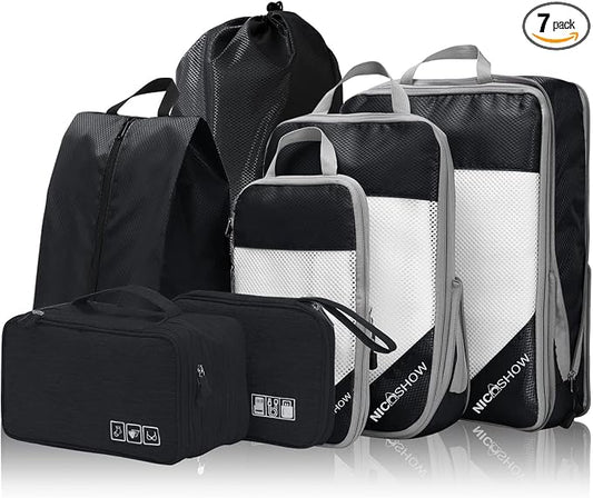 NICOSHOW 7 Set Compression Packing Cubes for Travel - Compressible, Lightweight, and Space-Saving Packing Cubes, Travel Essentials for Women, Black by NICOSHOW