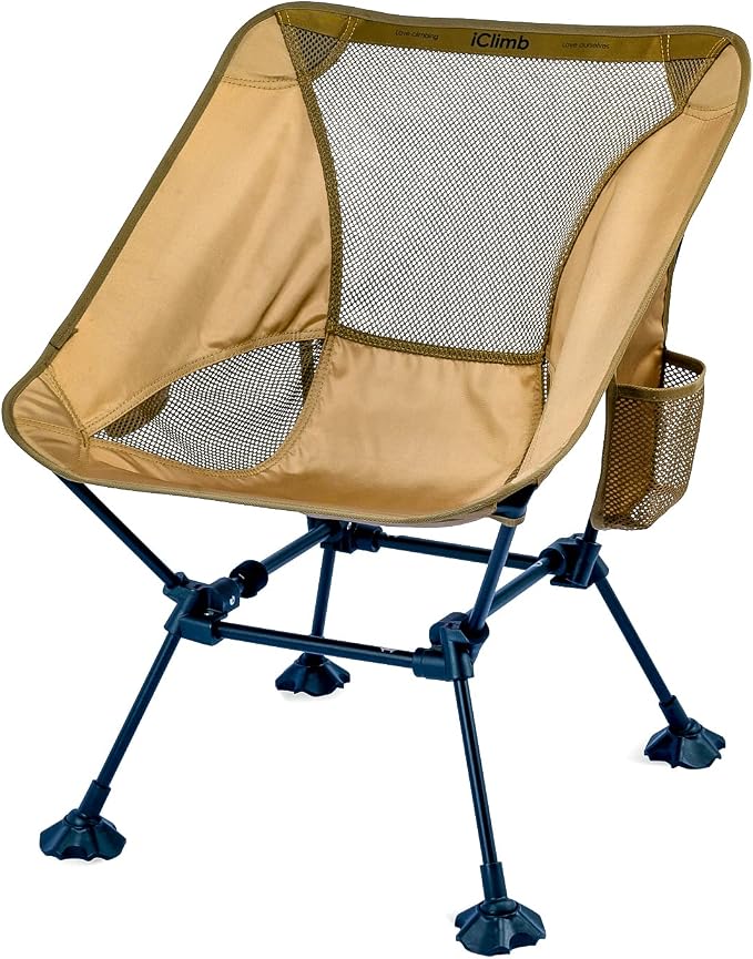 iClimb Ultralight Compact Camping Folding Beach Chair with Anti-Sinking Large Feet and Back Support Webbing (Brown - Square Frame - 2PC) by iClimb