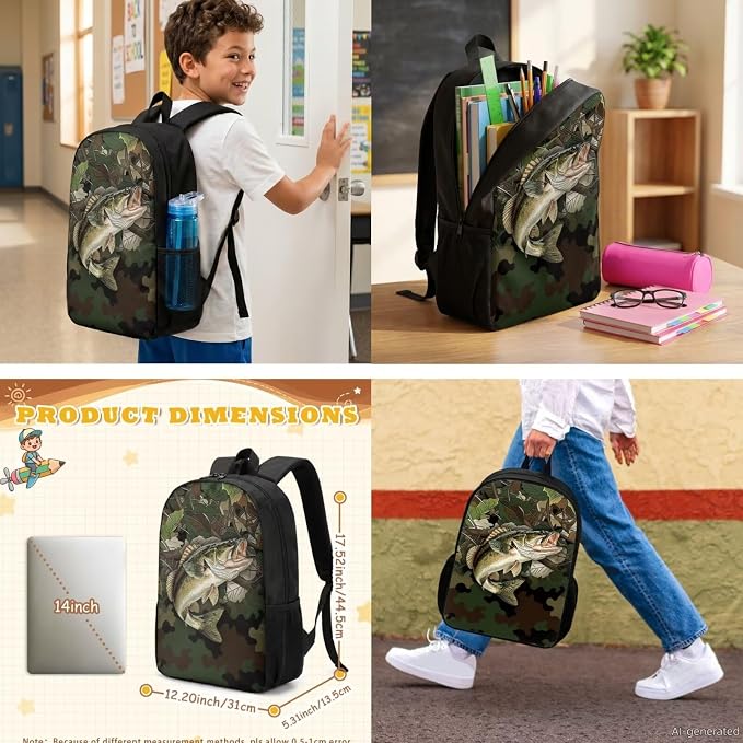 GIFTPUZZ 4 Piece Hunting Camo Deer Fish American Flag Backpack Set for Kids | Patriotic Bookbag with Lunch Box for Boys Elementary School, Zip up Pencil Pouch, Water Bottle Sleeve, Summer Camp, Ages 6-8 - Image 2
