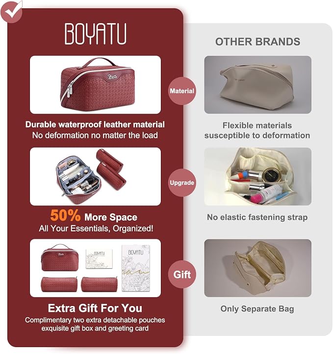 BOYATU Travel Makeup Bag Cosmetic Bags for Women: Large Capacity 3 Pcs Set Make up Bag with Compartments - Waterproof Vegan Leather Toiletry Organizer Bags with Handle (L52Burgundy) - Image 3