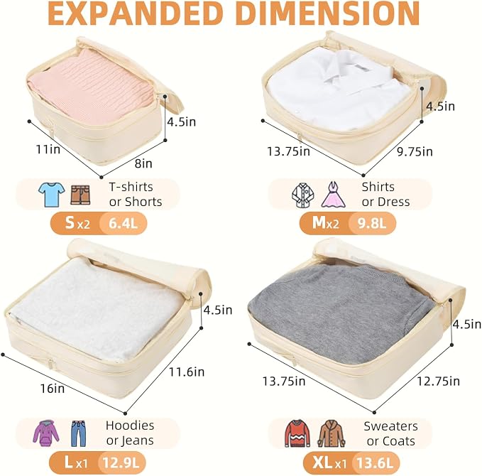 BAGAIL 4 Set/6 Set/8 Set Compression Packing Cubes Travel Accessories Expandable Packing Organizers (Square Mesh, 06-Beige) - Image 2