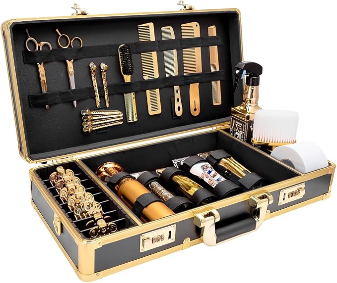 Professional Barber Supplies Case, Barber Cases for Clippers and Supplies, Hairdressing Tools Storage Case with Handle and Secure Numlock, Barber Travel (Golden) - Image 7