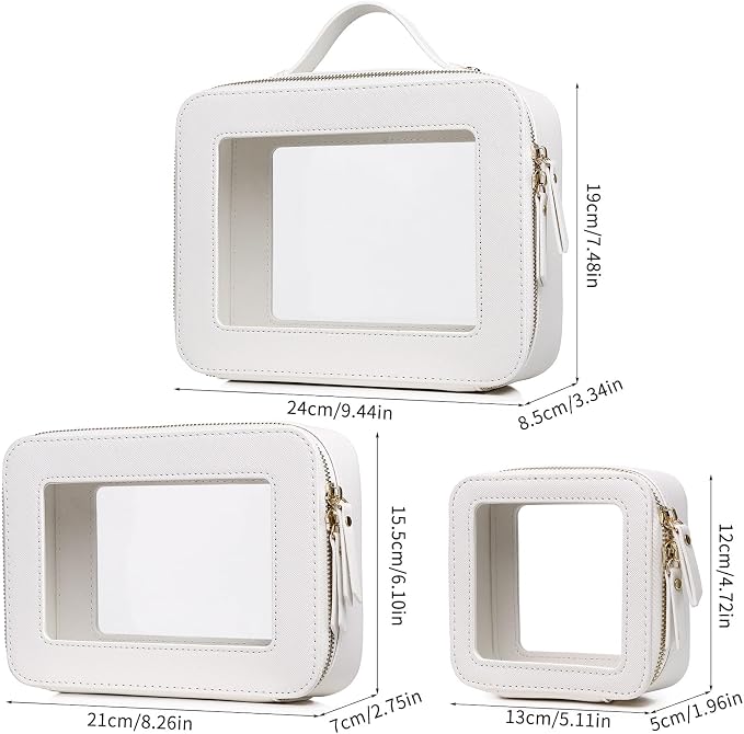 Clear Makeup Bag Set 3 Piece Travel Case for Cosmetics and Toiletries Women's Makeup Organizer and Car Essential with Zipper (White, L+M+MINI) - Image 5