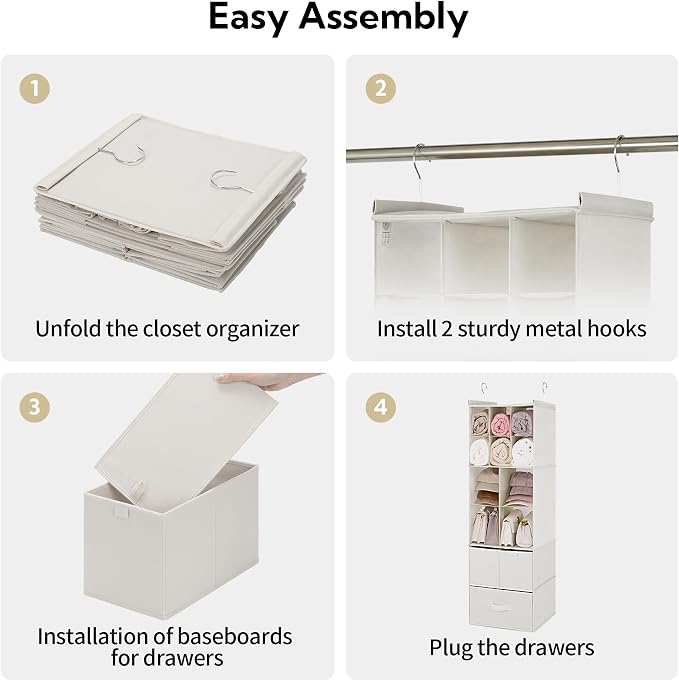 GRANNY SAYS Hanging Closet Organizer with Drawers, 6 Shelf Dividers Closet Hanging Organizer, Portable Foldable Hanging Shelves for Closet, Dorm Room, Bedroom, Kids Room, Beige - Image 8