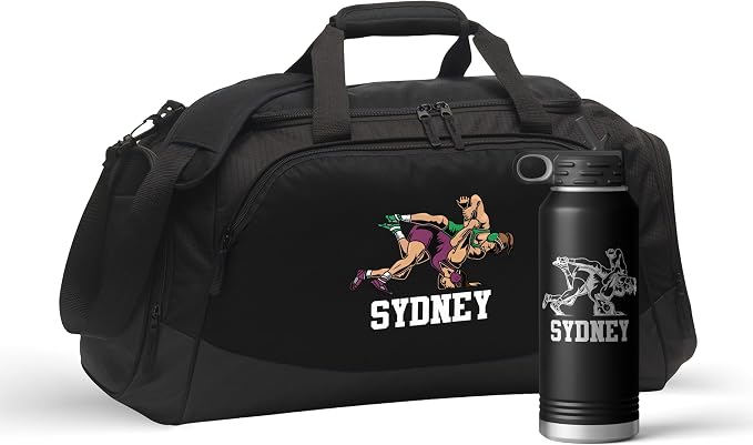 Personalized Girls Wrestling Duffel Bag Set Engraved Water Bottle | Wrestling Design Custom Name Wrestler Birthday Christmas Senior Night (Female Wrestler, Black/Black, Bag/Bottle Combo) by VitalSignsNW