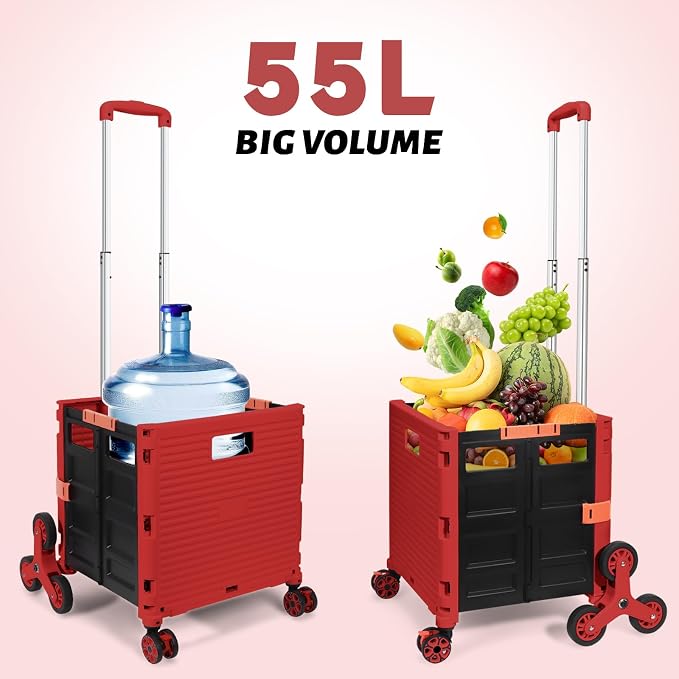 FELICON SELORSS Folding Utility Climber Cart Portable Rolling Crate-Red | Stair Climbing Wheels+360°Swivel Wheels,Telescoping Handle,Plastic Box Dolly for Travel Shop Move Laundry Office Teacher Use - Image 6