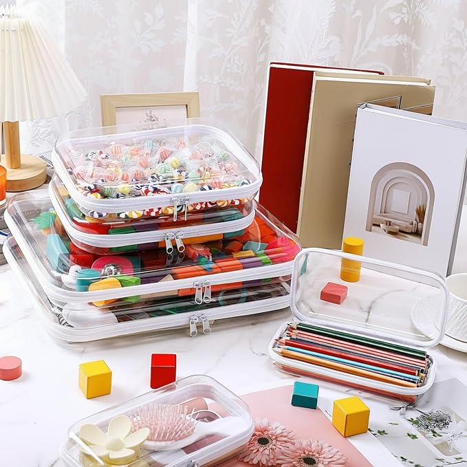 Sanwuta 6 Pcs Clear Hard Zipper Case Plastic Zipper Pouches Transparent Makeup Bag Pencil Case Pouches Toiletry Diaper Bag for Travel Toy Storage Organizer Bins(Clear,Three Sizes) - Image 5