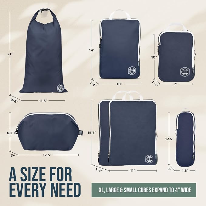 Large Compression Packing Cubes for Travel-Packing Cube Luggage Organizers 7 Piece Set for Checked Luggage-Ultralight, Expandable/Compression Bags by TRIPPED Travel Gear (Navy/White) - Image 4