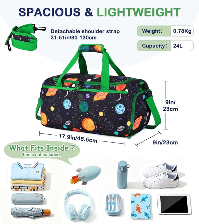 Kids Duffle Bag,VASCHY Travel Bag for Boys Water Resistant Overnight Duffle Gym Sport Dance Bags with Shoes Compartment Dry and Wet Pocket Carry On Weekender Bag Green Space - Image 2