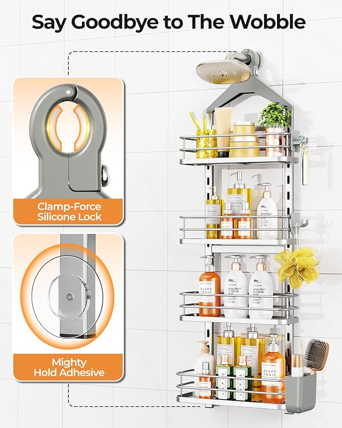 ODesign 4 Tier Adjustable Shower Caddy Hanging Over Showerhead Silver | Shower organizer hanging,no drilling required,comes with removable hook and storage box, suitable for indoor showers - Image 5