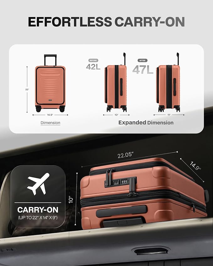Coolife Carry On Luggage Suitcase : 22x14x9 Airline Approved Travel Luggage with Spinner Wheels, Front Pocket Expandable Hardshell Suitcases with TSA Lock Orange - Image 3