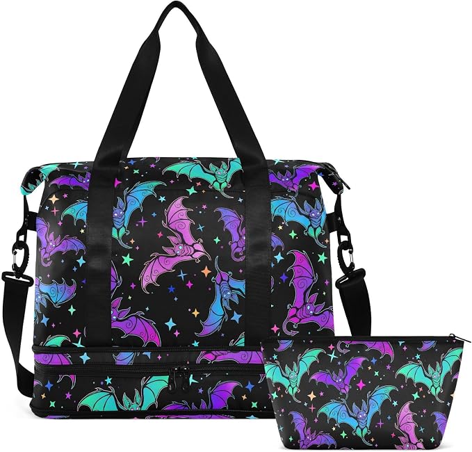 Travel Duffel Tote Bag Halloween Luminous Bats Sports Duffel Bag with Wet Pocket Weekender Overnight Bag for Women Men Gym Bag, Carry On Bag Hospital Bag for Labor and Delivery by MNSRUU