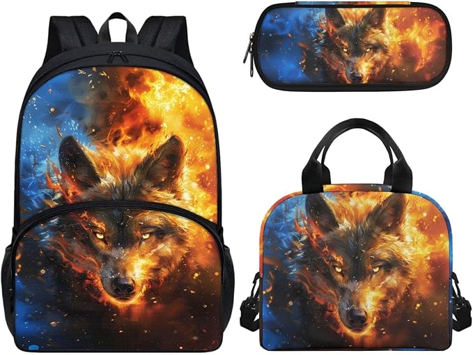Kids Boys Backpack School Bag Set Cool 3D Wolf School Bookbag with Insulated Lunch Box Pencil Pouch Kids Lightweight School Bag Rucksack 3 Pieces Backpack Set by Wideasale