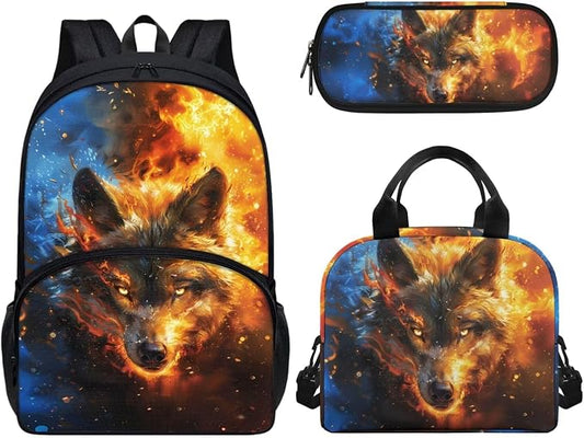 Kids Boys Backpack School Bag Set Cool 3D Wolf School Bookbag with Insulated Lunch Box Pencil Pouch Kids Lightweight School Bag Rucksack 3 Pieces Backpack Set by Wideasale