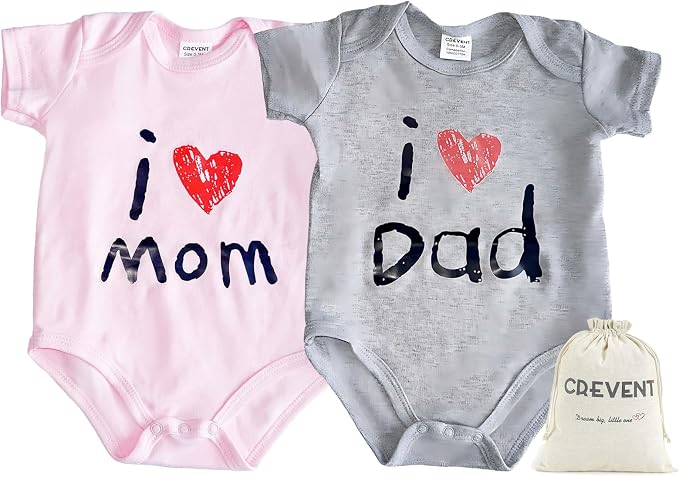 CREVENT Set for Newborns 0-3 Month 100% Cotton Bodysuit- I Love Dad & Mom Onesie 2 Packs (Grey & Pink Rompers with a Cotton Gift Bag) by CREVENT