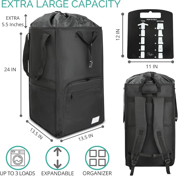 TERRA HOME College Essentials Travel Size Laundry Backpack - Portable, Durable, Foldable - Laundry Bag with Pockets for College Dorms - Extra Large Laundry Carrying Bag with Strap (Black) - Image 3