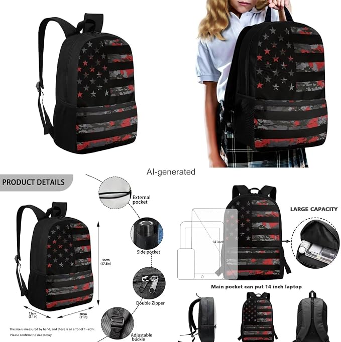 American Flag Camo Backpack for Boys Kids Backpack with Lunch Box Water Bottle Carrier and Large Pencil Case 4PCS Set Bookbag with Front Pocket for School Teens 17 inch Lightweight School Bag - Image 3