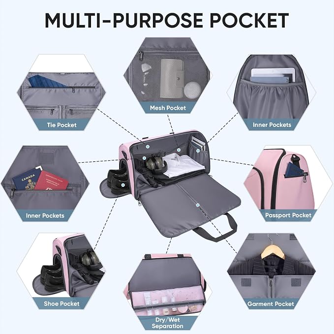 BALEINE Travel Garment Bag, Travel Suit Bag for Men, Water Resistant Carry on Garment Bag for Hanging Clothes, Garment Duffel Bag for Travel Business (Pink-Convertible) - Image 3
