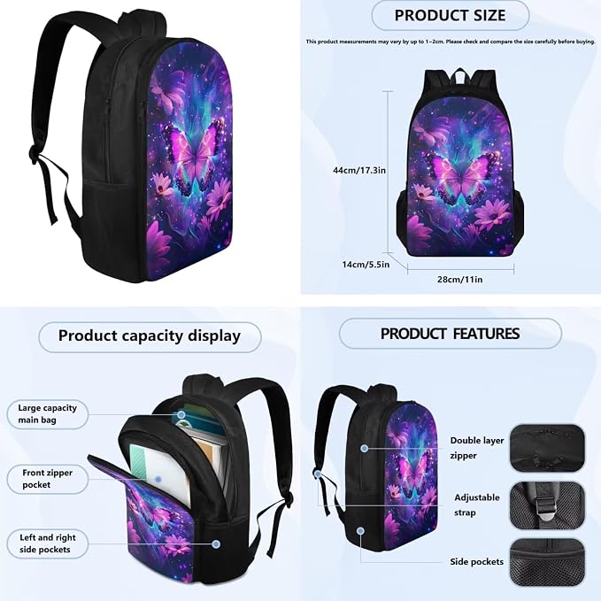 Galaxy Butterfly Backpack for Girls Kids Backpack with Lunch Box Water Bottle Pouch and Soft Pencil Case 4PCS Set Bookbag with Compartments for School Teens 17 inch School Bag with Side Pocket - Image 4