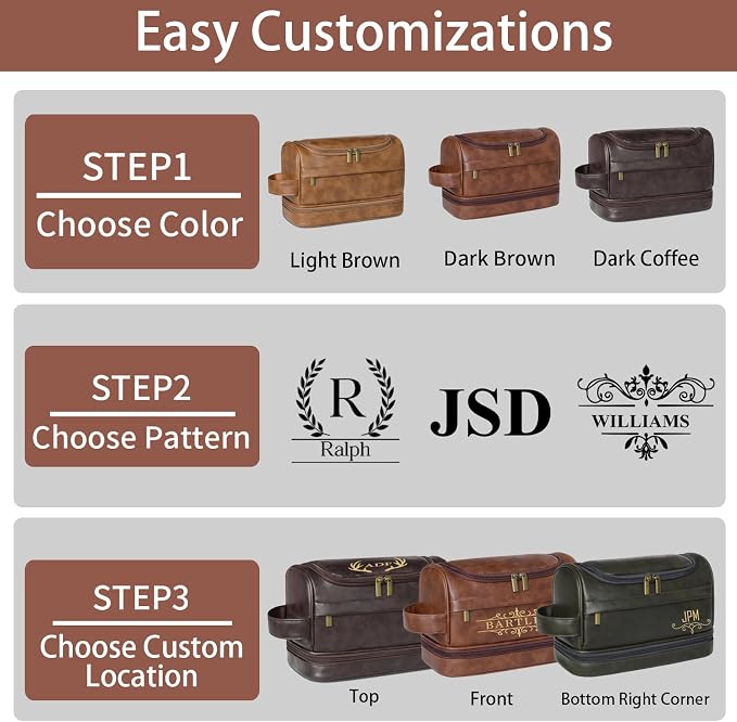 Personalized Toiletry Bag For Men, Large Capacity Travel Doop Kit, Vintage Color PU Leather, Custom Name Initials, Gifts for Dad, Husband, Boyfriend, Groomsmen, Birthday (Style 3) - Image 5