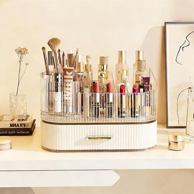 Makeup Organizer with 360° Rotating Brush Holder and Stackable Drawers, Cosmetic Display Case for Vanity, Bathroom Countertop (White, 2 Layer) - Image 2