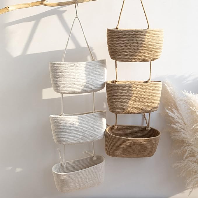 3-Tier Over the Door Hanging Basket, Wall Mount Hanging Storage Organiser Bag, Cotton Rope Woven Storage Solution with Hook, Decorative Hanging Baskets for Bedroom, Living Room, Bathroom, Nursery (B) - Image 7