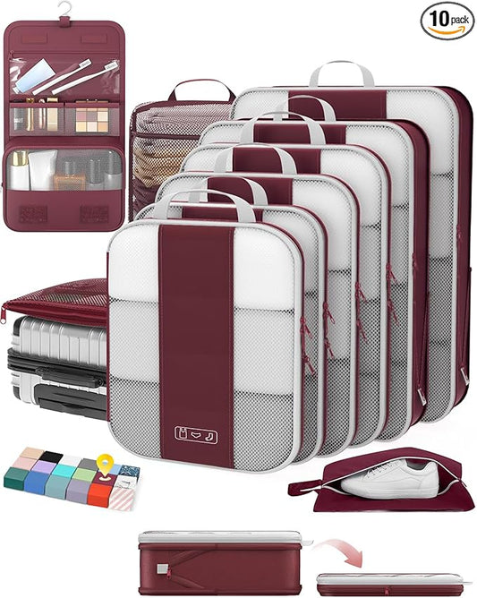 OlarHike 10 Set Compression Packing Cubes for Travel Essentials,Compressible Expandable Space Saver Bags for Organizing Clothes,Luggage Suitcase Garment Bags with Over 1000 pcs Mesh Holes(Wine Red) by OlarHike