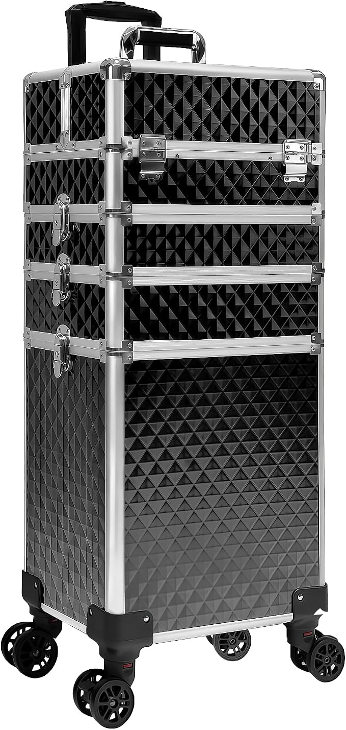 5 in 1 Rolling Makeup Train Case Professional Cosmetic Trolley Large Storage Organizer on Wheels for Hairstylist Artist Nail Beauty Salon Barber Black - Image 8