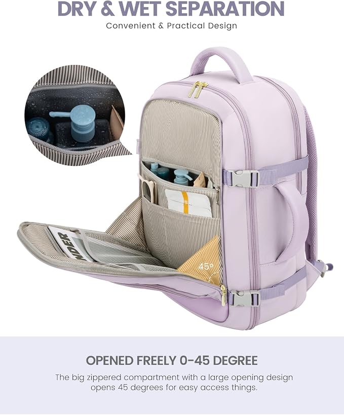 LOVEVOOK Travel Backpack For Women, 40L Carry On Backpack Flight Approved, TSA Personal Item Travel Bag Fits 17 Inch Laptop, Business Weekender Overnight Waterproof Daypack With 2 Cubes, Light Purple - Image 8