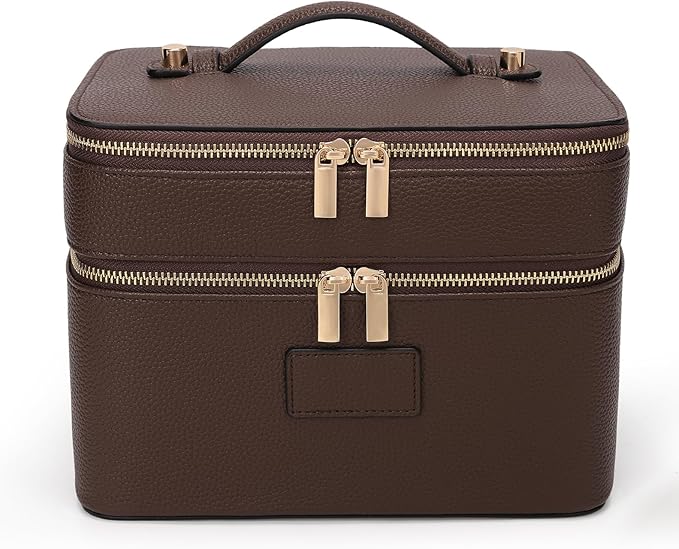 HiTotes Large Makeup Bag Duo Vanity Case for Women Leather Makeup Case Travel Toiletry Bag Portable Double Layer Cosmetic Bag by HiTotes