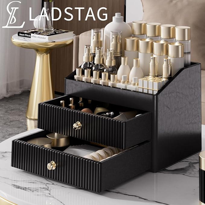 LADSTAG Make up Organizers for Vanity,Leather Makeup organizer for Vanity,Large Capacity Black Vanity Storage for Nail Polish,Bedroom,Bathroom,Gifts for Mom,Unique Gifts for Women - Image 2