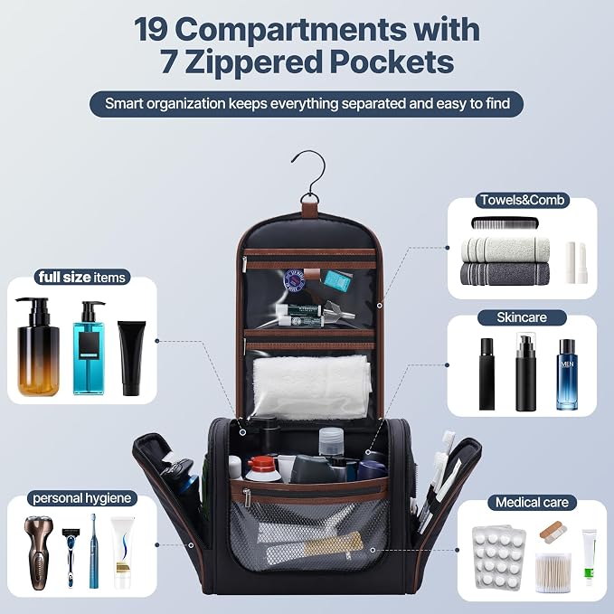 ZAHNI Men’s Hanging Toiletry Bag, Large Capacity Toiletry Organizer | Water-Resistant Toiletry Bag With 360° Hook, Multiple Compartments For Grooming & Shaving, Ideal For Travel & Business, Black - Image 3