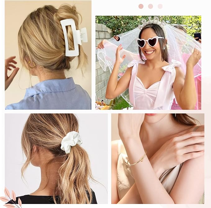 DEEKA 5 Pcs Bridesmaid Proposal Bag Set Gift Clear Makeup Toiletry Bag Bachelorette Party Favors Sunglasses Hair Claw Clips Scrunchies Knot Bracelets Bridal Wedding Party Gifts (White) - Image 4