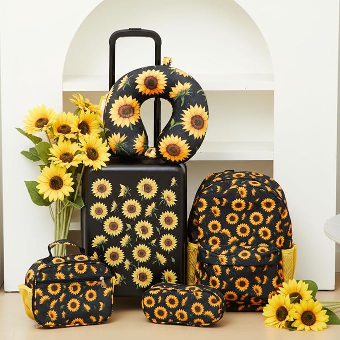 Redbaker 6 Pcs Kids Luggage Set, 17 Inch Rolling Suitcase with Backpack Lunch Bag Neck Pillow, Sunflower Travel Set for Summer Vacation Sleepover Back to School Gift - Image 7