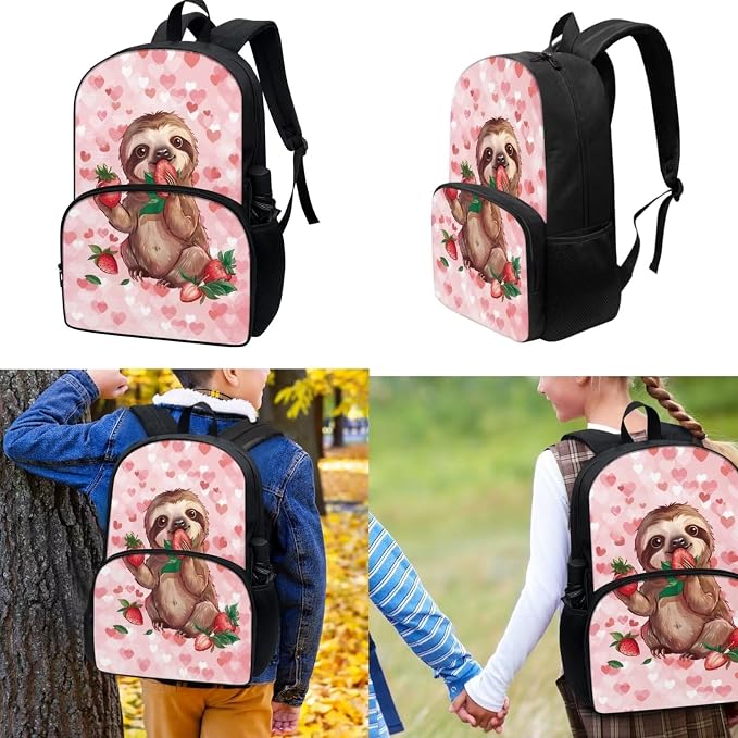 Pink Hearts Sloth Strawberry Print Girls Backpack Set, Kids Backpacks with Lunch Bag & Pencil Case, Kawaii Girls Bookbag School Bag for Elementary School - Image 2