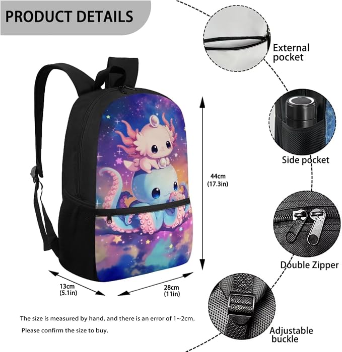 4-in-1 Kids School Backpack Set, 20+ Cute Octopus & Axolotl Designs for Girls, 17'' Bookbag with Insulated Lunch Box, Pencil Case & Water Bottle Holder, Schoolbag Gift for Kids Age 6-12 - Image 3