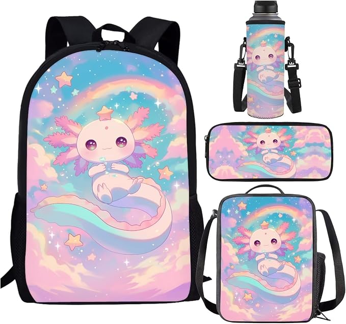 Cute Axolotl Backpack for School Girls 2nd Grade with Lunch Box Rainbow Elementary Bookbag Lunch Bag Set Neon Back Pack Lunchbox Pencil Case Watter Bottle Holder Back Pack for Kids 6-8/5-7 by SCRAWLGODDreamWardrobe