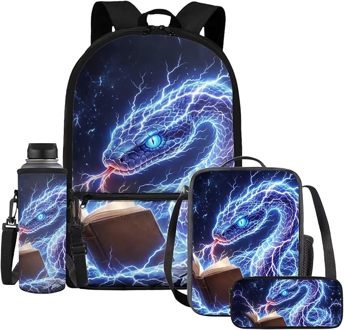 Lightning Snake School Backpack Boys Cool Bookbag Kids 6 7 8 9 10 11 12, 4 Piece Backpack Set with Lunch Box and Pencil Case Back to School Supplies, Adjustable Padded Strap by Dremagia