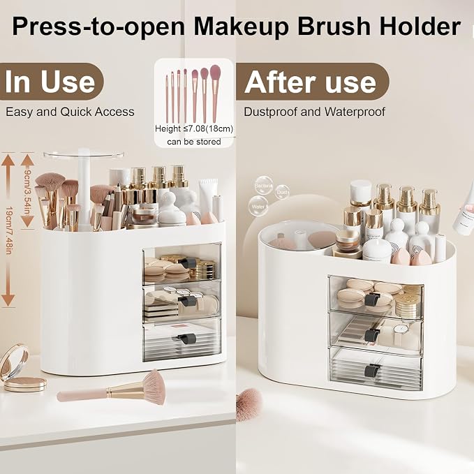DASITON Makeup Organizer with 3 Drawers,Automatic Lifting Makeup Brush Holder with Lid,Large Capacity Makeup Organizers for Vanity,Bathroom Countertop,Ideal Storage Skin Care,Brushes,Lipstick (White) - Image 4