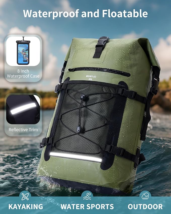 ECOHUB Waterproof Backpack for Women Men, 30L Roll-Top Closure Heavy Duty Dry Bag for Travel with IPX8 Waterproof Phone Case - Image 5