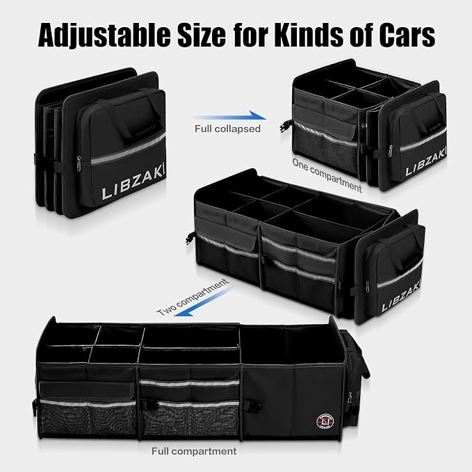 LIBZAKI Oversize 4 in 1 Car Trunk Storage Organizer, Multi Compartment Collapsible Trunk Storage Box with Cooler Bag for Car Truck SUV-Black - Image 3