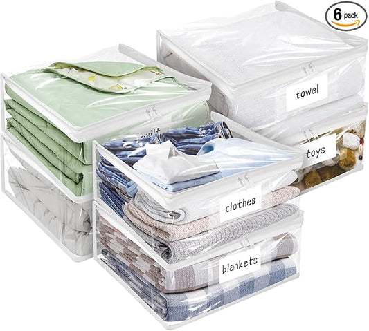 Plastic Storage Bags with Easy-Glide Zipper, Pack of 6, Durable Clear Vinyl Zippered Storage Bags for Clothes Sweaters Comforters Blankets Sheets Bedding (12 x 12 x 3.9 Inch, White) by Kikerike